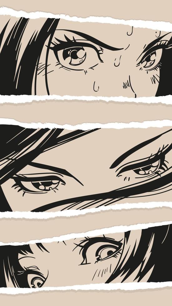 trois paires d'yeux de filles asiatiques. style manga. concept de bande dessinée de dessin animé japonais. personnages animés. illustration vectorielle tendance dessinée à la main. impressions préfabriquées. chaque illustration est isolée vecteur