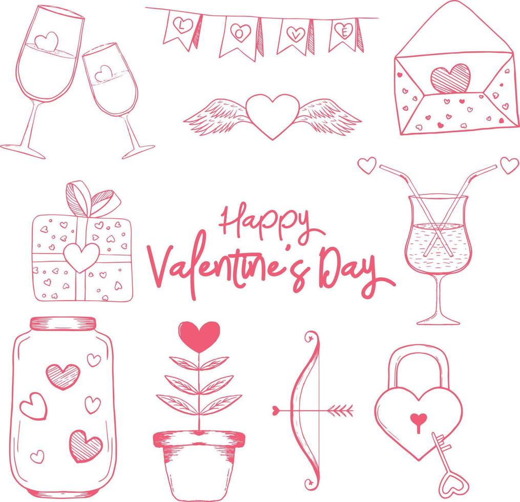 illustration vectorielle de jeu d'éléments de la saint-valentin dessinés à la main vecteur