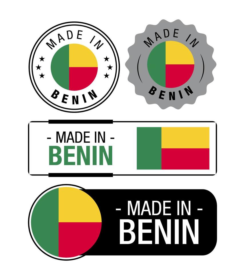 ensemble d'étiquettes fabriquées au bénin, logo, drapeau du bénin, emblème du produit du bénin vecteur