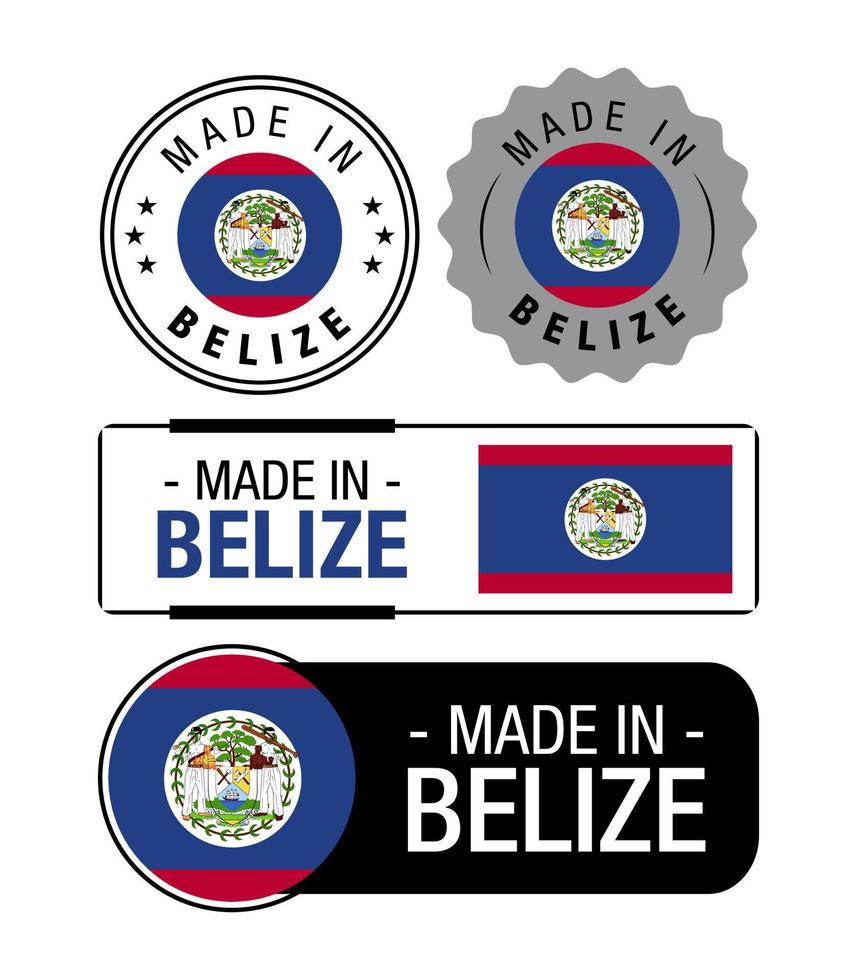 ensemble d'étiquettes fabriquées au belize, logo, drapeau du belize, emblème du produit du belize vecteur