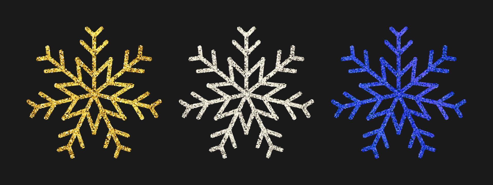 flocons de neige scintillants sur fond sombre. ensemble de trois flocons de neige à paillettes dorées, argentées et bleues. éléments de décoration de noël et du nouvel an. illustration vectorielle. vecteur