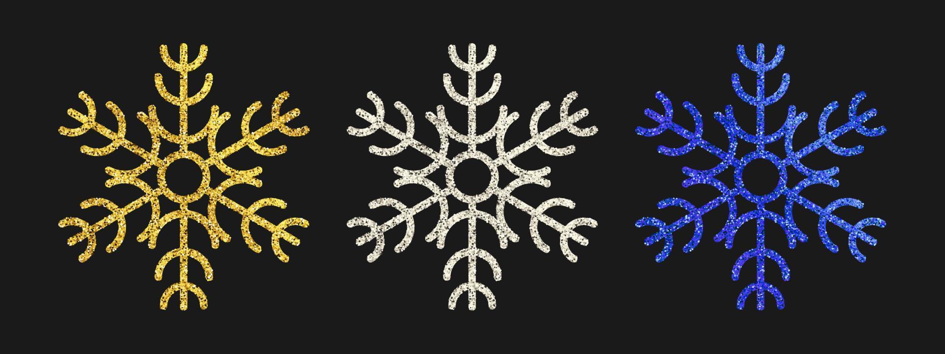 flocons de neige scintillants sur fond sombre. ensemble de trois flocons de neige à paillettes dorées, argentées et bleues. éléments de décoration de noël et du nouvel an. illustration vectorielle. vecteur