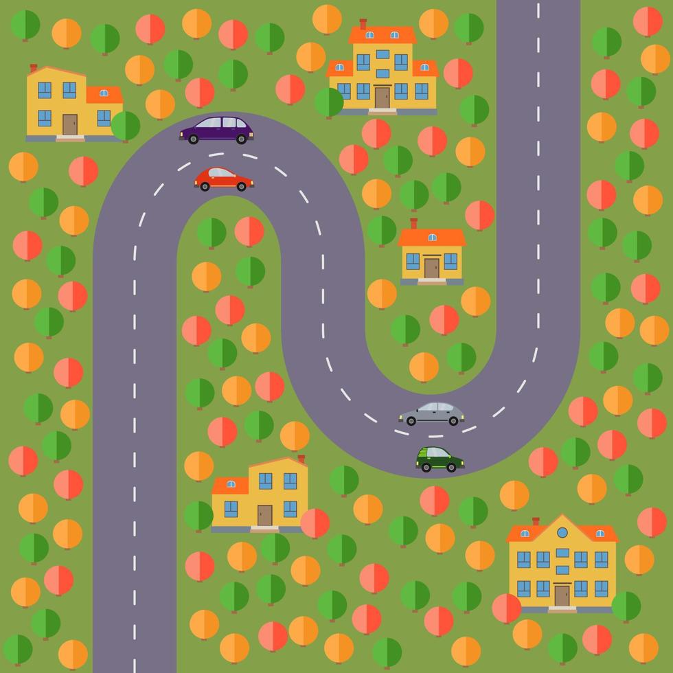 plan de village. paysage avec la route, la forêt, le lac, les voitures et cinq maisons. illustration vectorielle vecteur