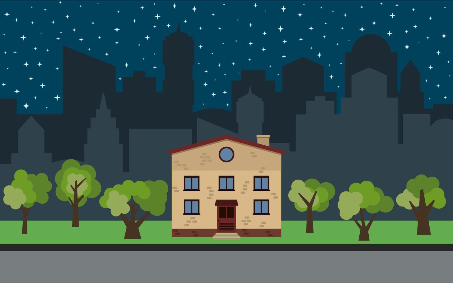 ville vectorielle avec maison de dessin animé à deux étages et arbres verts la nuit. paysage urbain d'été. vue sur la rue avec paysage urbain en arrière-plan vecteur