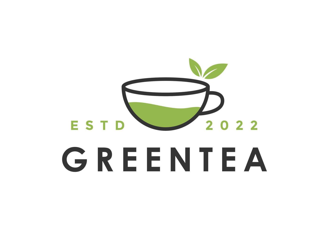 thé vert avec création de logo de thé tasse et feuille vecteur