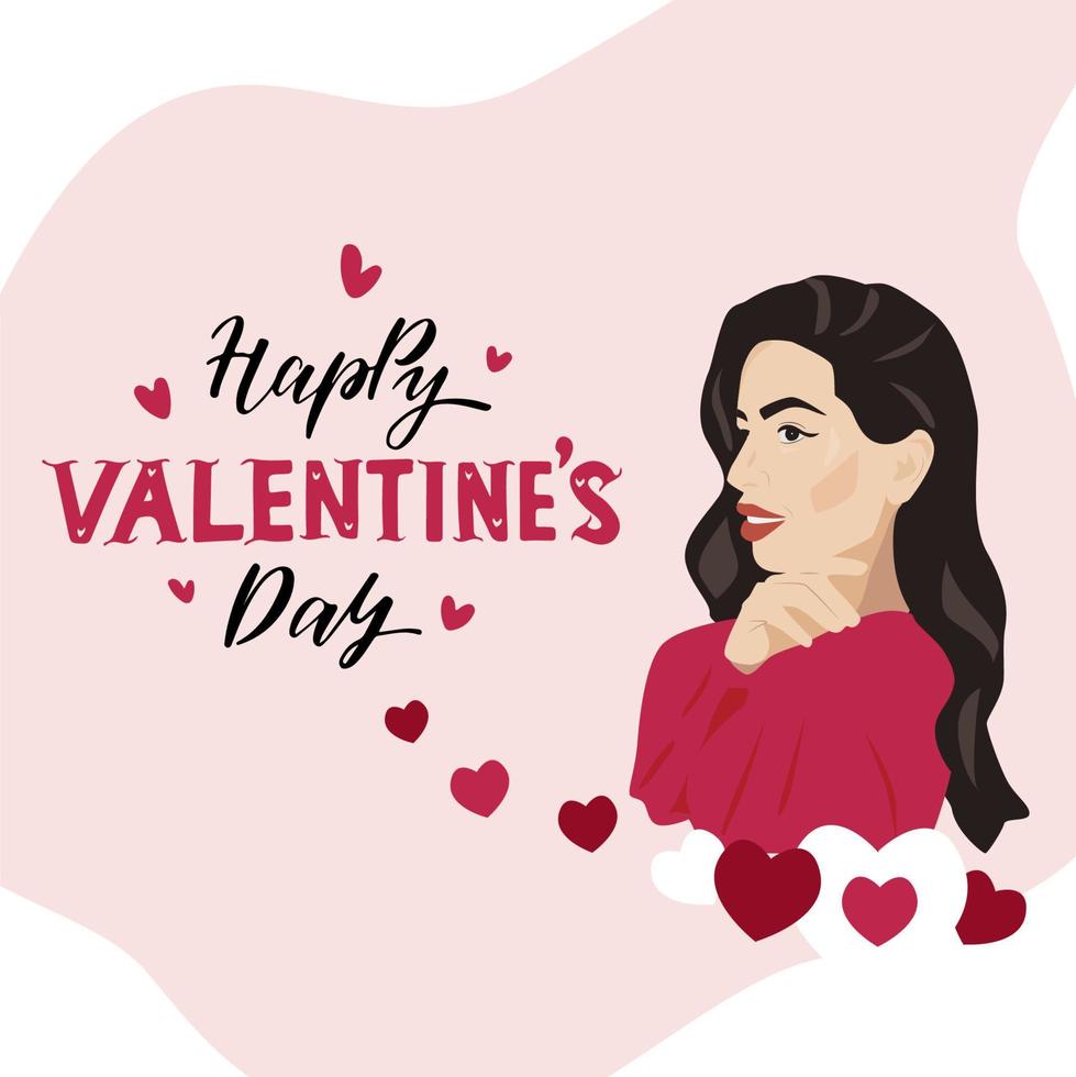 femme souriante avec des coeurs mignons attendant la saint valentin. happy valentines day lettering.conception de carte de voeux festive. illustration vectorielle. vecteur