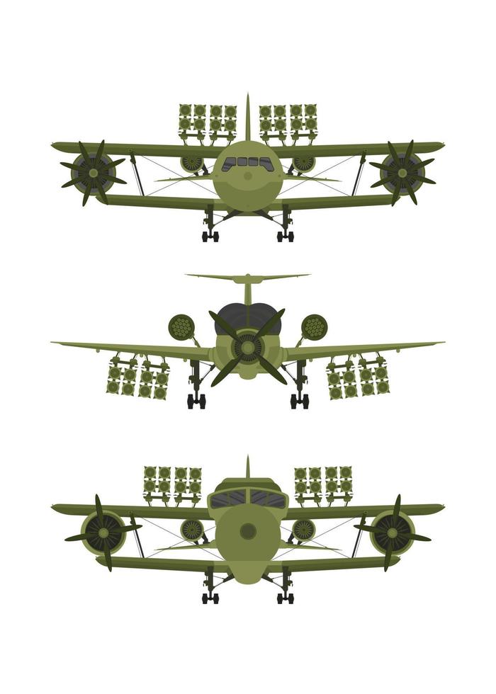 définir la vue de face de l'avion militaire. combattant vert avec lance-roquettes. vecteur