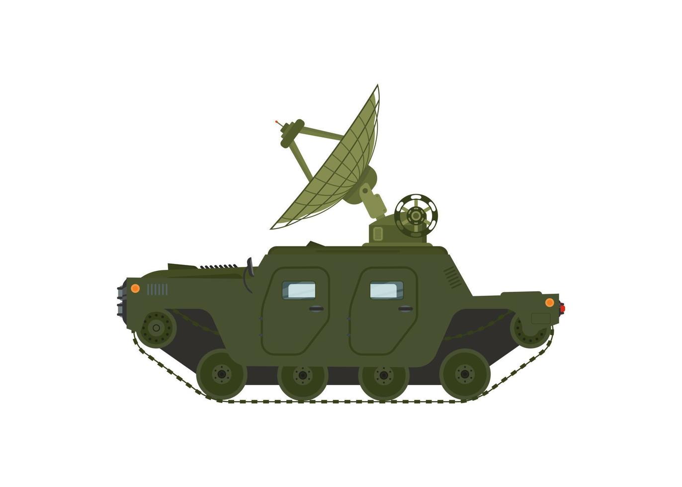 camion militaire. transport militaire avec antenne. appareils modernes de couleur verte protectrice. radar et système de détection. numérisation et reconnaissance. illustration de dessin animé vecteur