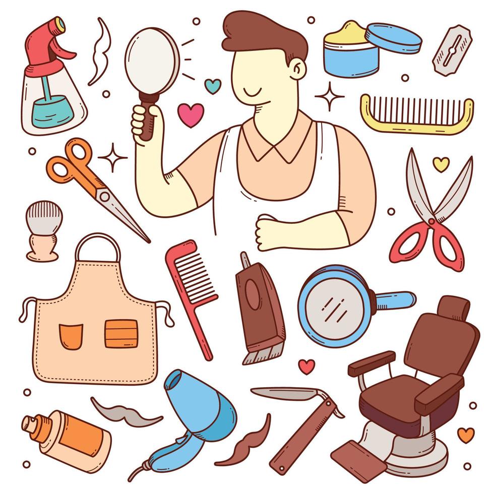 outils et équipements de salon de coiffure doodle dessinés à la main vecteur