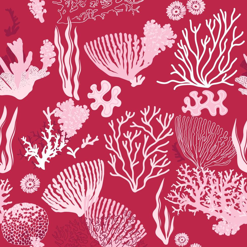 modèle sans couture avec coraux dessinés à la main sur fond magenta viva. conception de la mer pour tissu, papier d'emballage vecteur