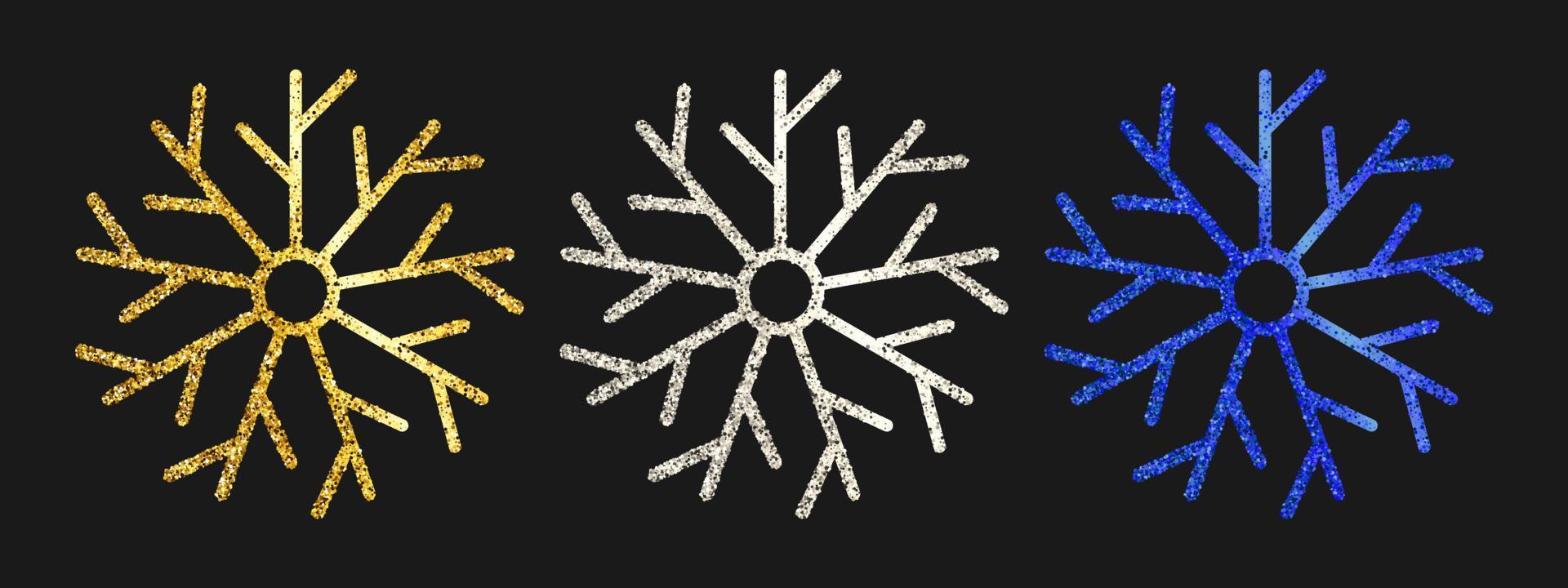 flocons de neige scintillants sur fond sombre. ensemble de trois flocons de neige à paillettes dorées, argentées et bleues. éléments de décoration de noël et du nouvel an. illustration vectorielle. vecteur