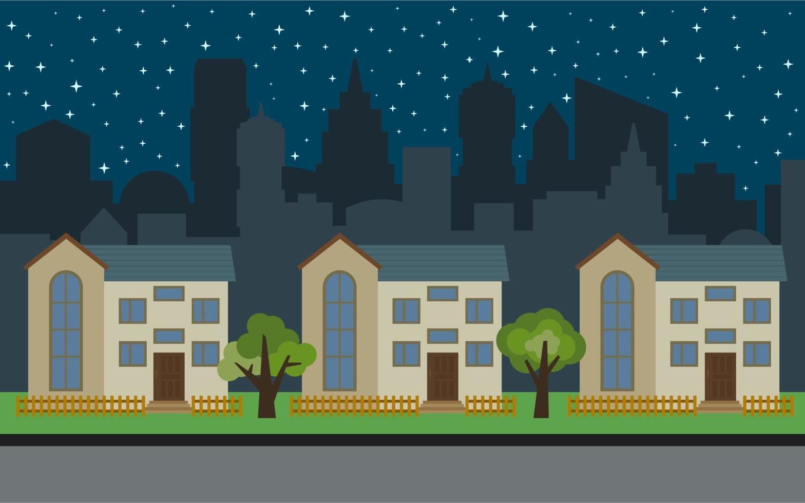 ville vectorielle avec trois maisons de dessin animé à deux étages et des arbres verts la nuit. paysage urbain d'été. vue sur la rue avec paysage urbain en arrière-plan vecteur
