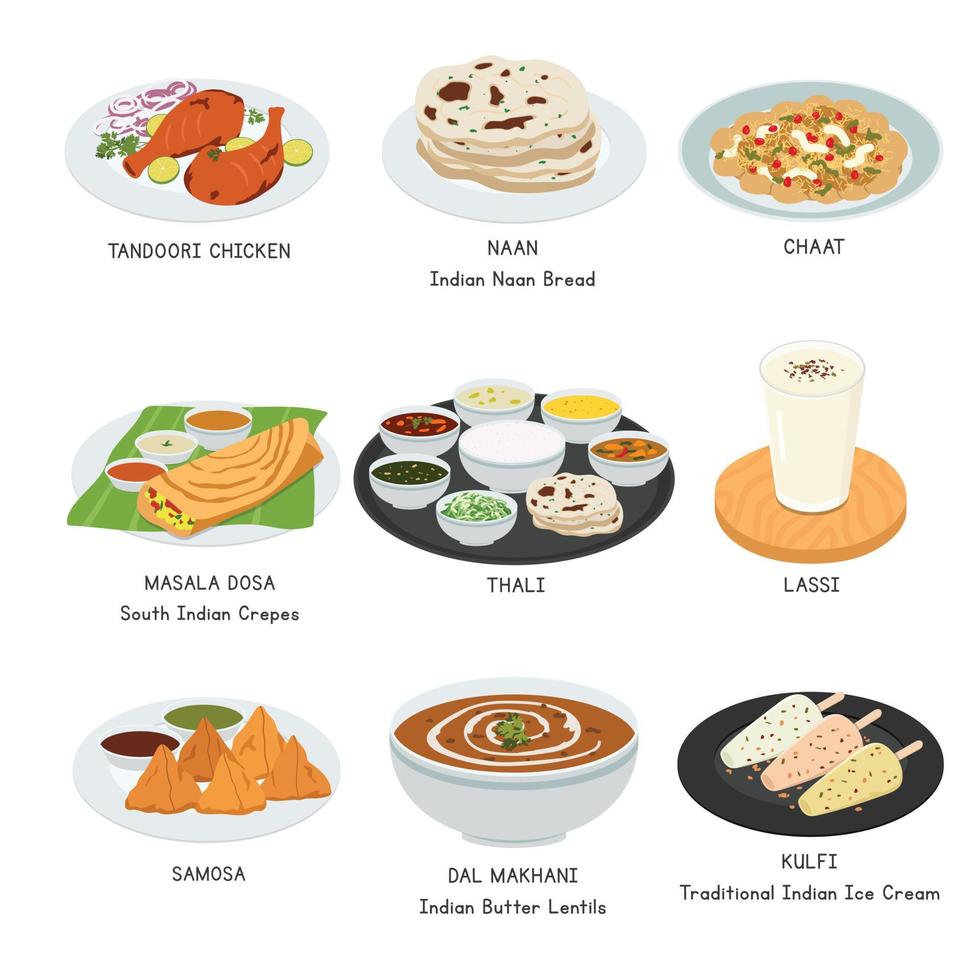 ensemble de vecteurs alimentaires indiens. ensemble de plats célèbres en Inde illustration vectorielle plane, dessin animé clipart. naan, thali, chaat, samosa, poulet tandoori. nourriture asiatique. cuisine indienne. conception de vecteur d'aliments indiens