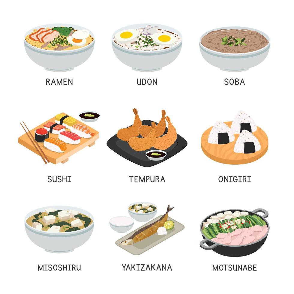 ensemble de vecteurs alimentaires japonais. ensemble de plats célèbres au japon illustration vectorielle plane, dessin animé clipart. sushis, ramen, udon, soba, tempura, . nourriture asiatique. cuisine japonaise. conception de vecteur d'aliments japonais
