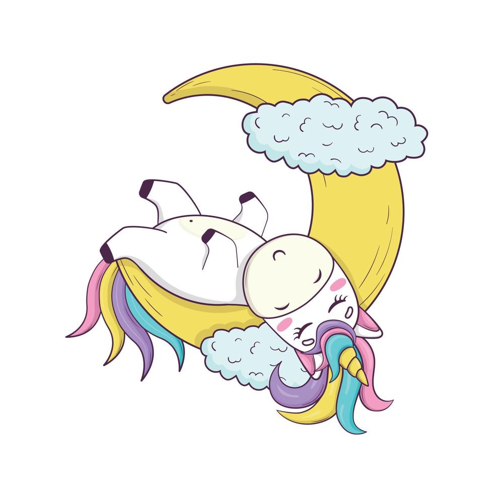 licorne kawaii mignonne avec crinière arc-en-ciel et corne de style anime dort sur un croissant de lune vecteur