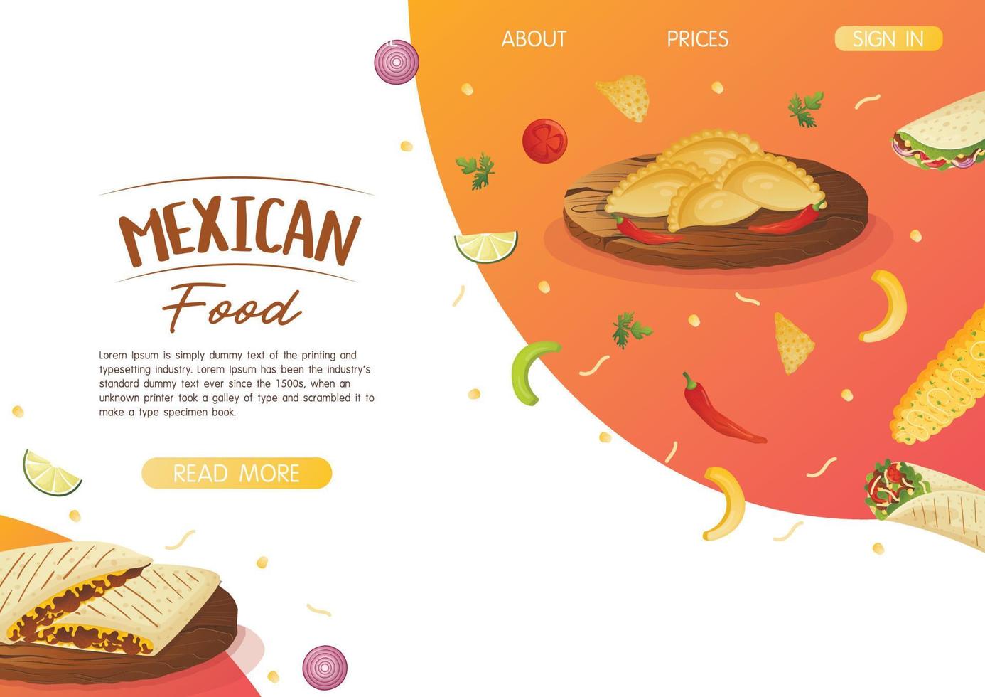 modèle de page de destination de site Web avec quesadilla de plat mexicain et empanadas sur un plateau en bois. restauration rapide et collations de rue, tortillas à la viande, livraison de plats à emporter vecteur