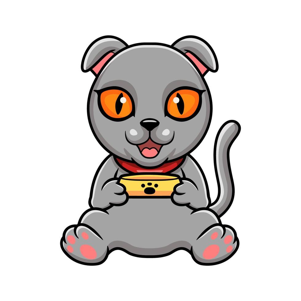 dessin animé mignon chat scottish fold tenant un bol de nourriture vecteur