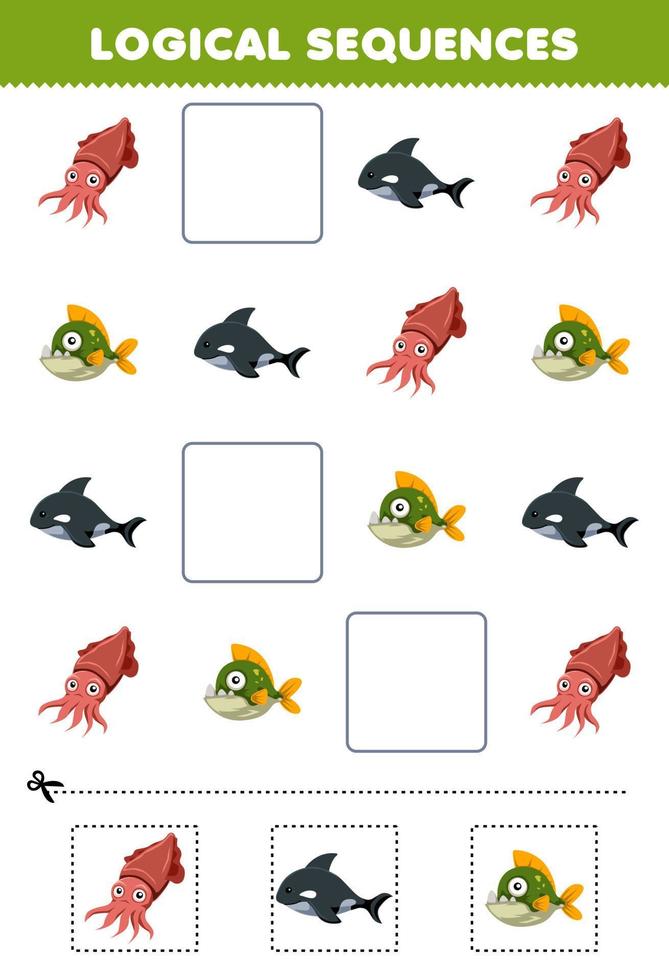 jeu éducatif pour les enfants séquences logiques pour les enfants avec dessin animé mignon seiche orca piranha feuille de travail sous-marine imprimable vecteur