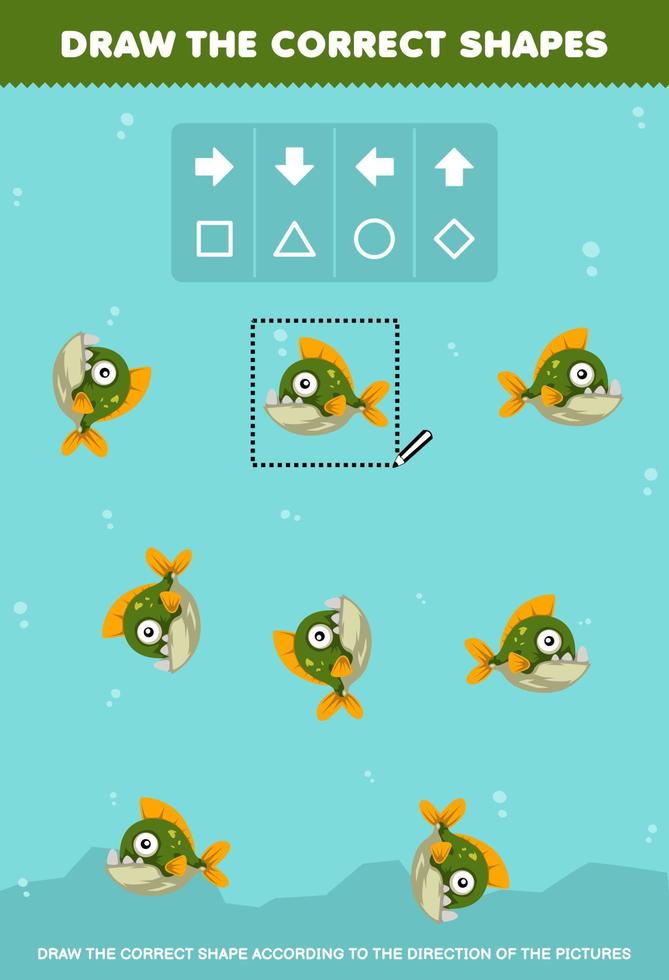 jeu éducatif pour les enfants dessiner la forme correcte selon la direction de dessin animé mignon piranha images feuille de travail sous-marine imprimable vecteur