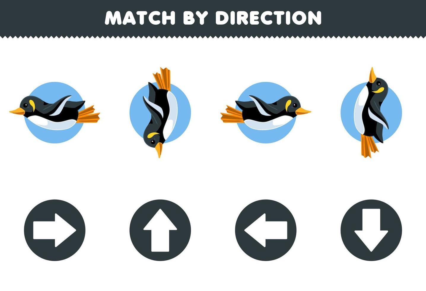 jeu éducatif pour les enfants match par direction gauche droite orientation vers le haut ou vers le bas de la feuille de travail sous-marine imprimable de pingouin de dessin animé mignon vecteur