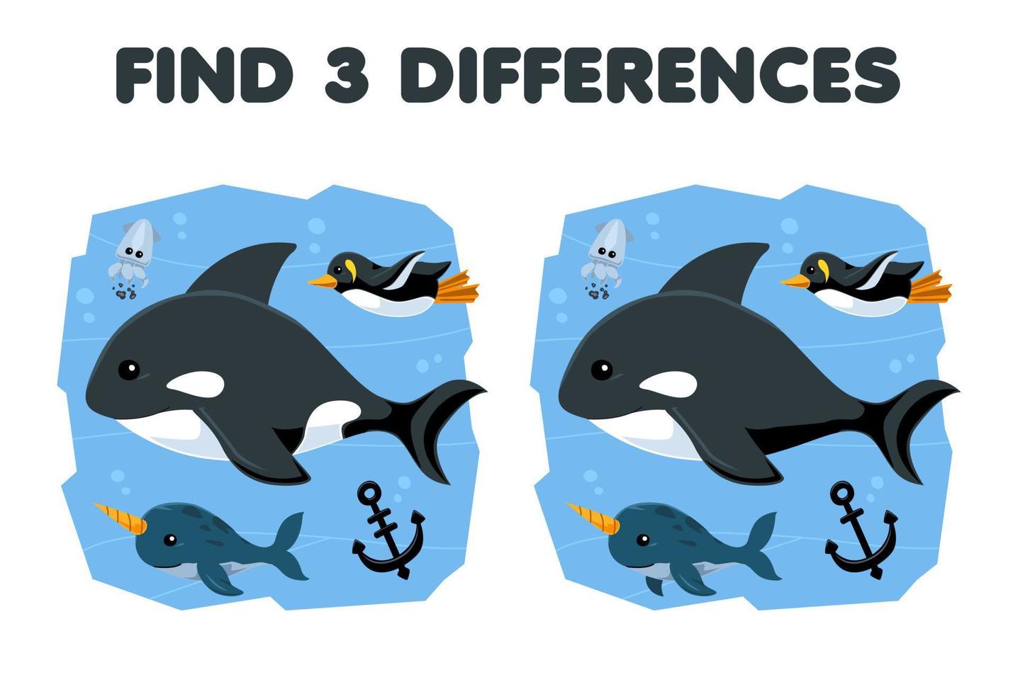 jeu éducatif pour les enfants trouver trois différences entre deux orques de dessin animé mignon avec feuille de travail sous-marine imprimable narval et pingouin vecteur