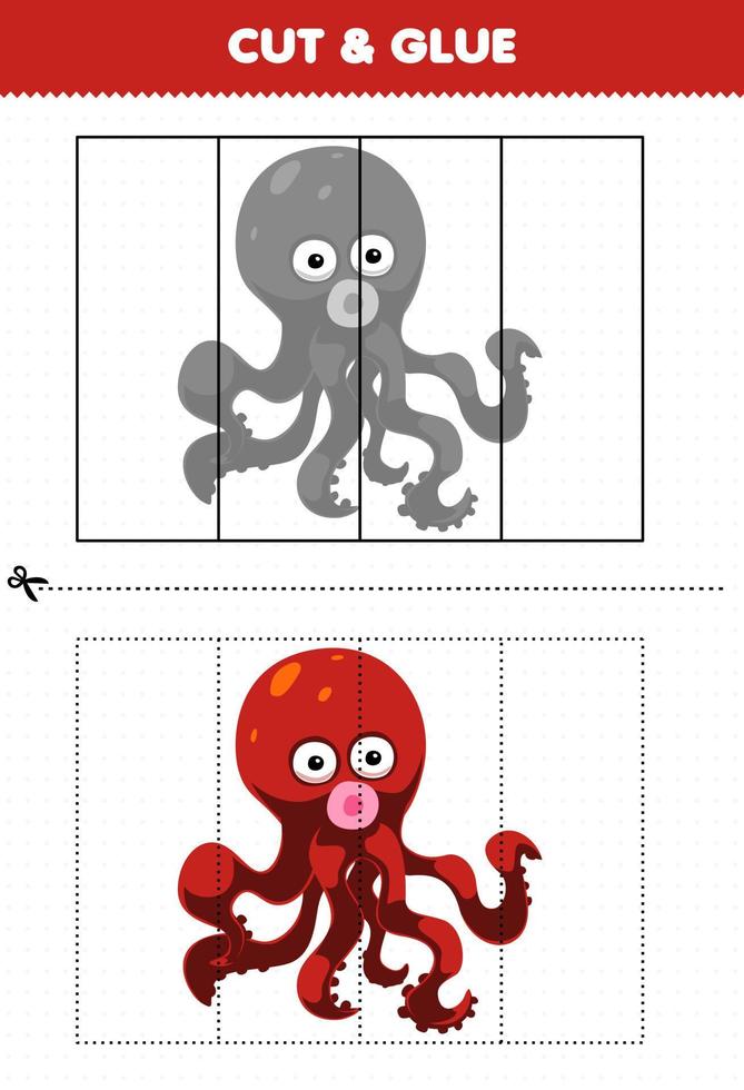 jeu éducatif pour les enfants couper et coller avec une feuille de travail sous-marine imprimable de pieuvre de dessin animé mignon vecteur
