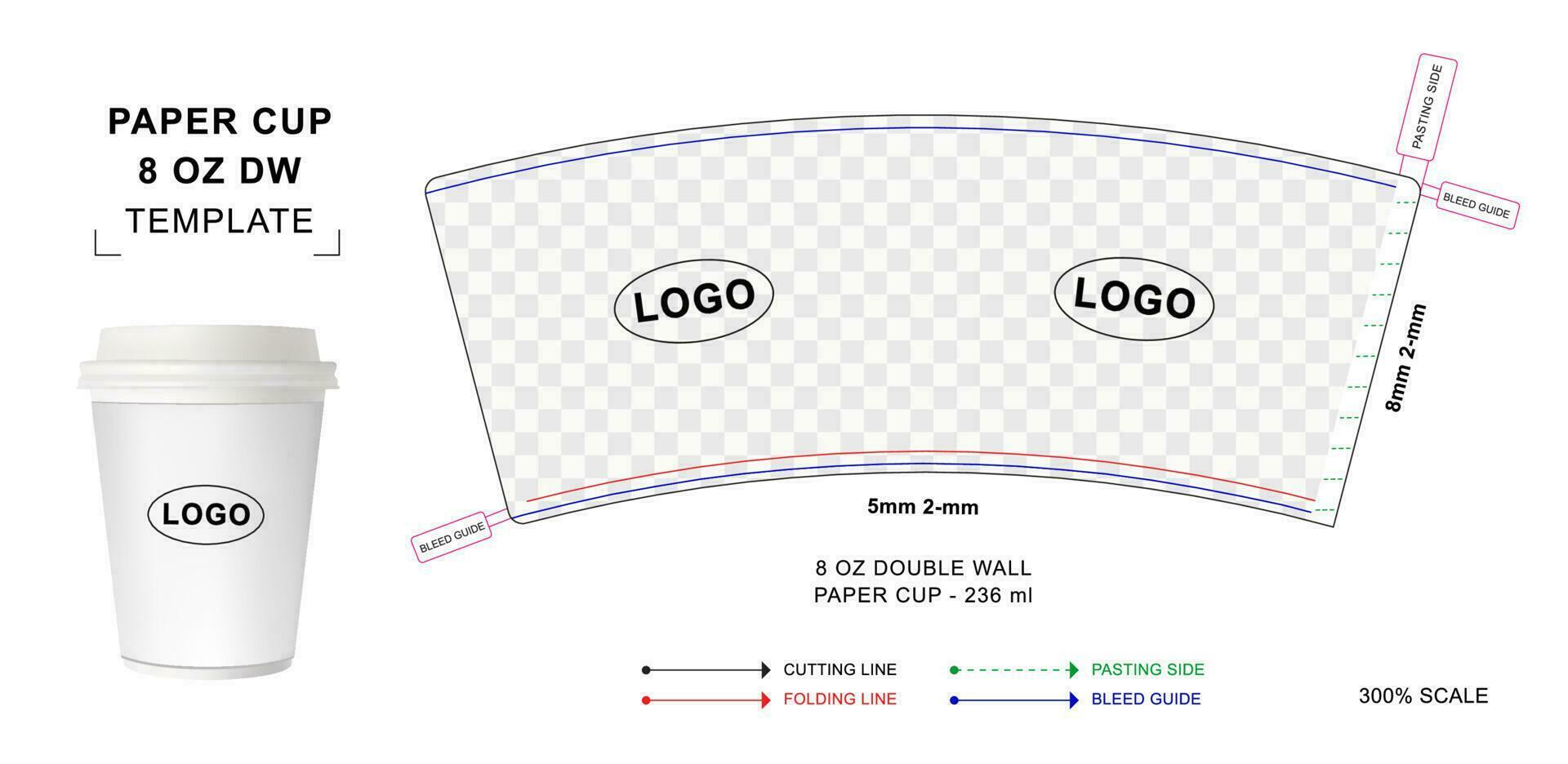Gabarit de découpe de gobelet en papier pour double paroi de 8 oz vecteur
