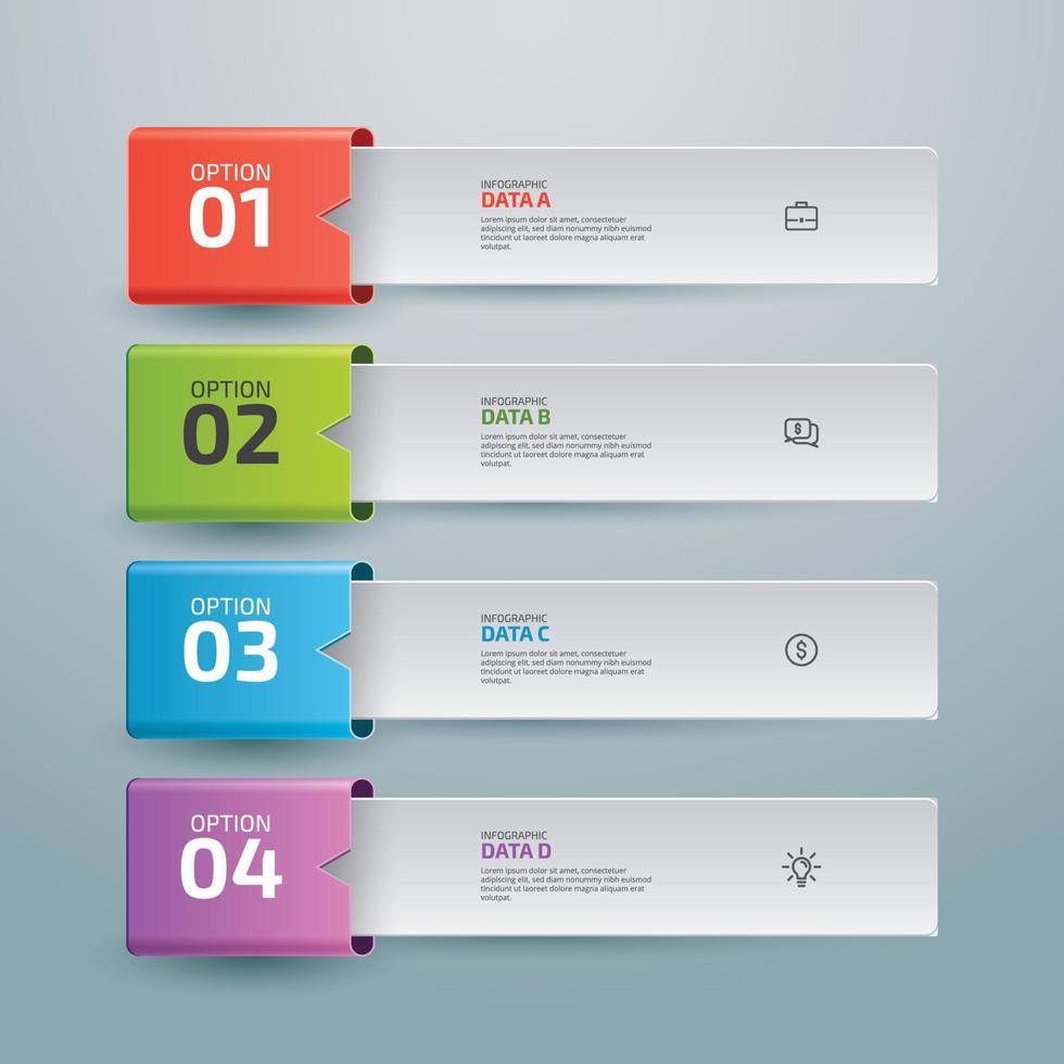 création d'étiquettes infographiques avec icônes et 4 options ou étapes. infographie pour les concepts d'entreprise. peut être utilisé pour la bannière de présentations, les mises en page de flux de travail, les diagrammes de processus, les organigrammes, le graphique d'informations vecteur