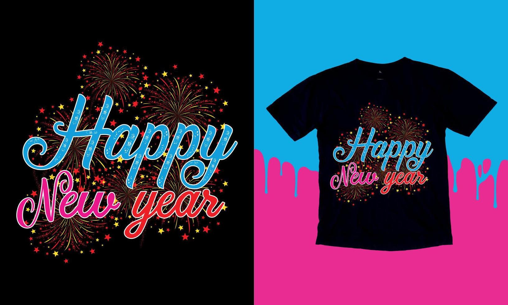 bonne année 2023, conception de t-shirt de bonne année, illustration vectorielle de lettrage isolée sur fond noir, quotas d'autocollants de nouvel an, sac, tasses, carte, cadeau. vecteur