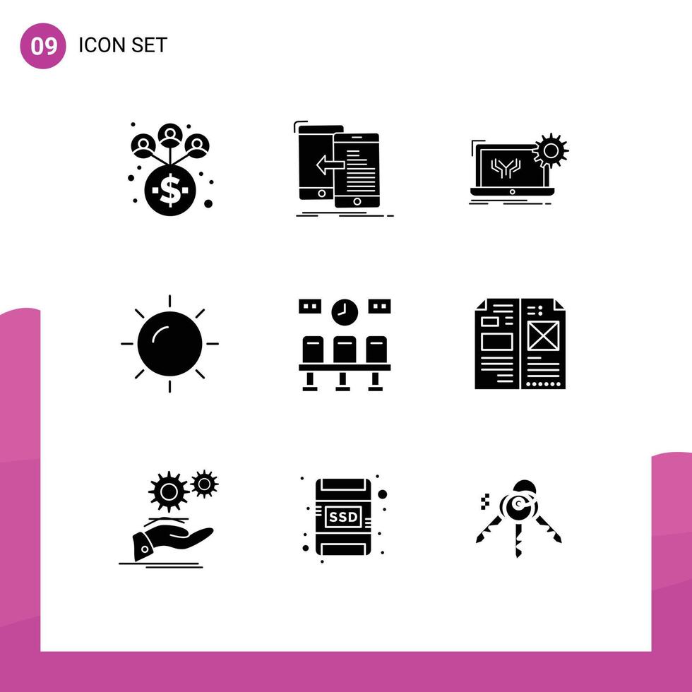 9 glyphes solides vectoriels thématiques et symboles modifiables des éléments de conception vectoriels modifiables du plan du soleil du train vecteur