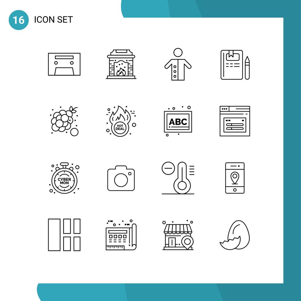 contour de l'interface mobile ensemble de 16 pictogrammes de fruits grappe de raisins personnes crayon éducation éléments de conception vectoriels modifiables vecteur