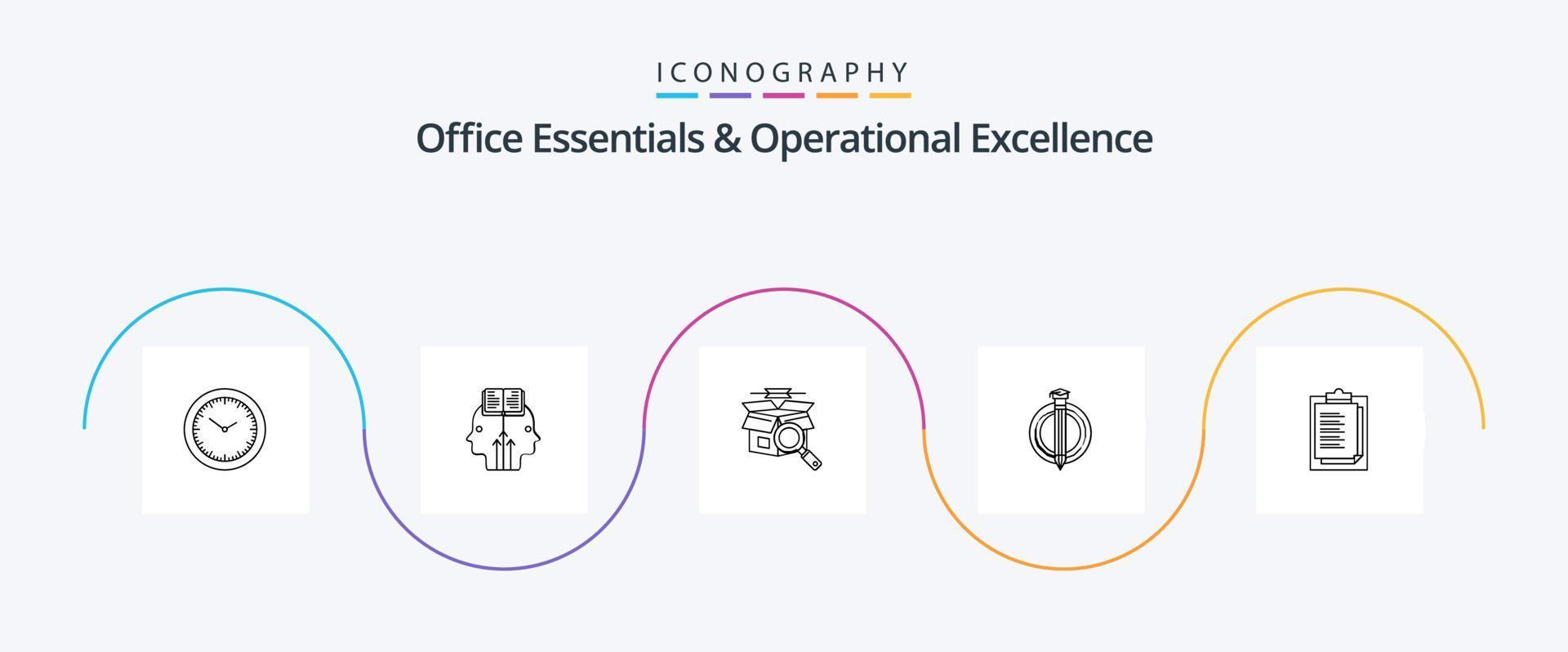 Pack d'icônes Office Essentials et Operational Exellence Line 5 comprenant une carte de rapport. diplômé. boîte. prime. Succès vecteur