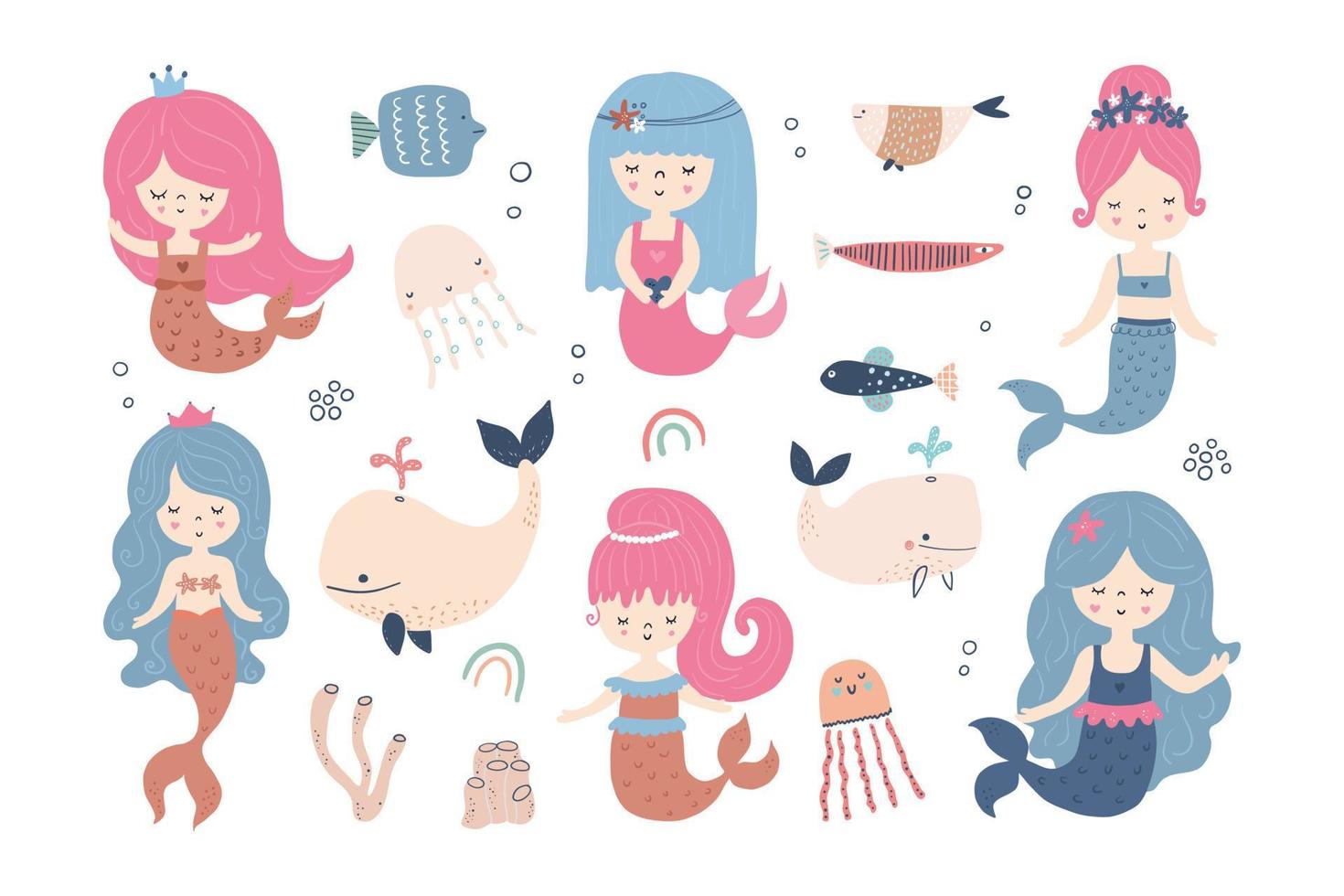 personnage de sirène, poissons et baleines. mer. conception pour enfants. façon scandinave. vecteur