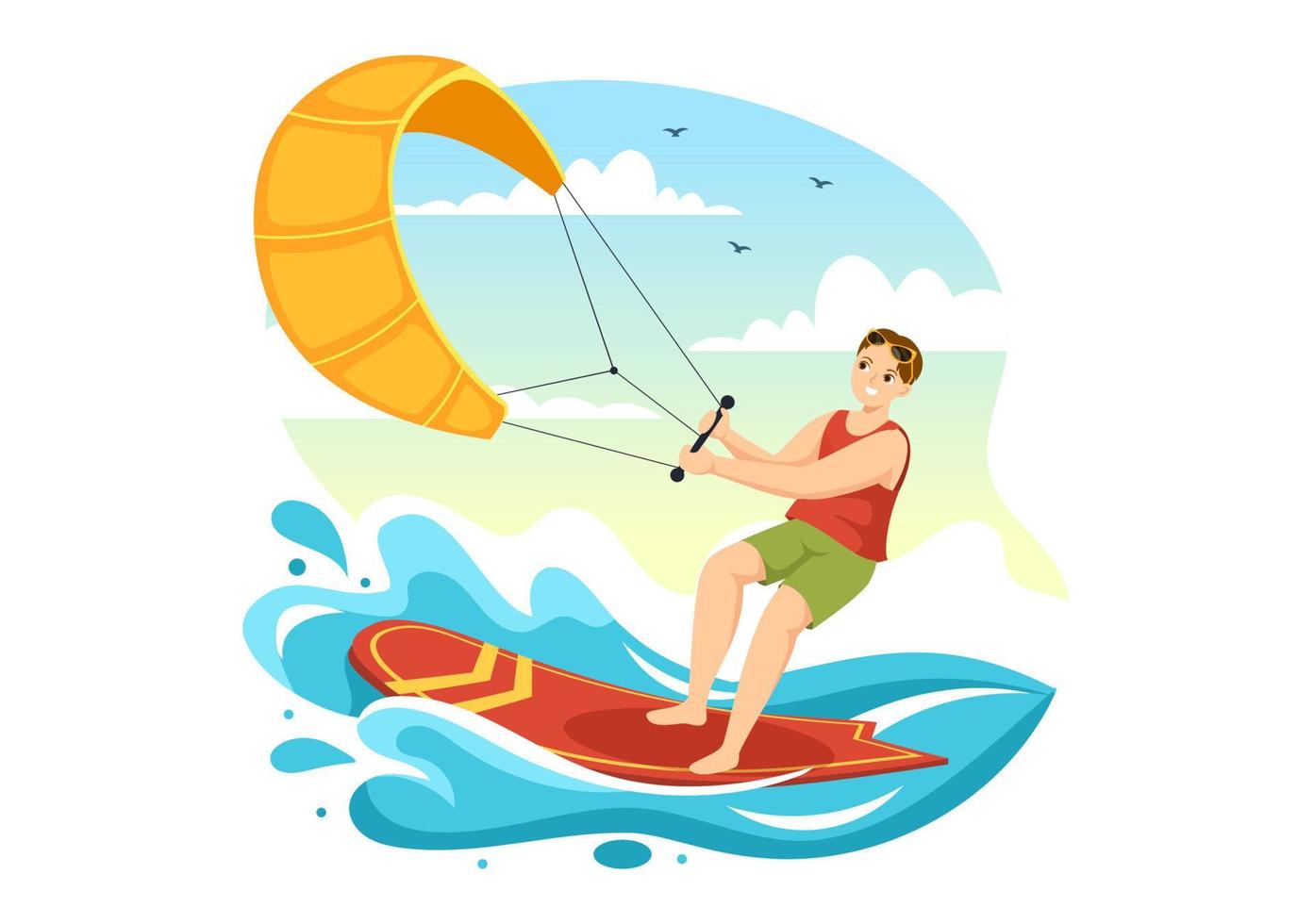 illustration de kitesurf avec kite surfeur debout sur kiteboard dans la mer d'été dans des sports nautiques extrêmes modèle plat dessiné à la main vecteur