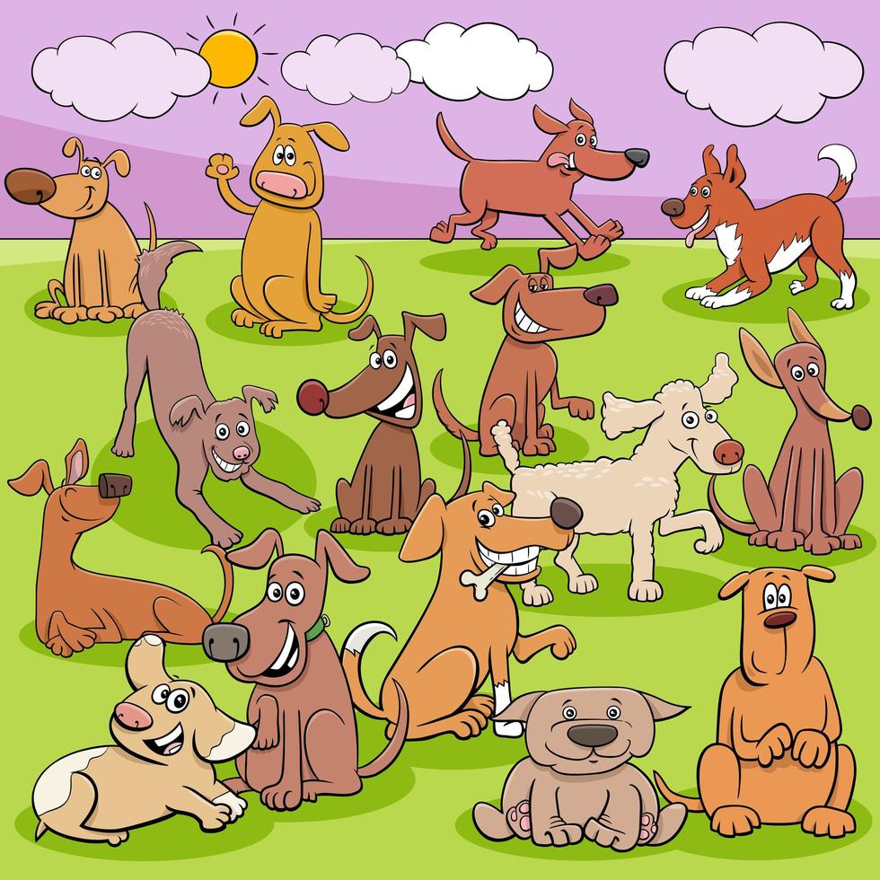 Groupe de personnages drôles de chiens et chiots de dessin animé vecteur