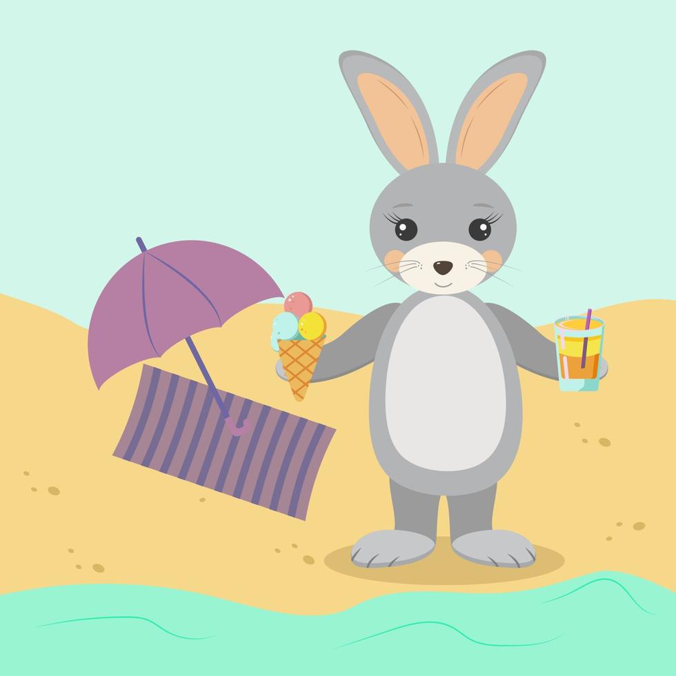 lapin avec glace et jus sur le rivage sur le sable chaud au repos vecteur