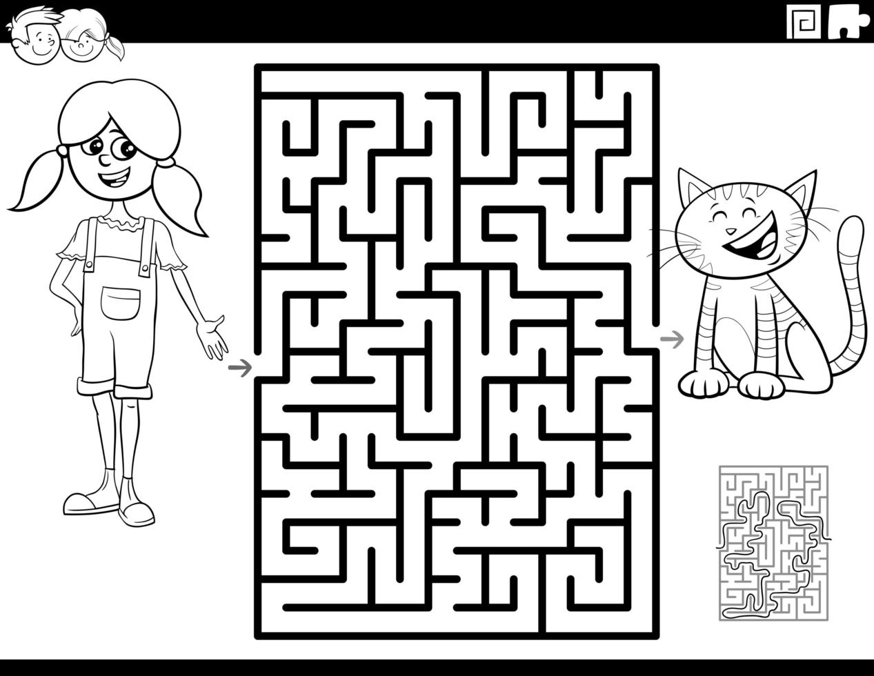 labyrinthe avec fille et chaton page de livre de coloriage vecteur