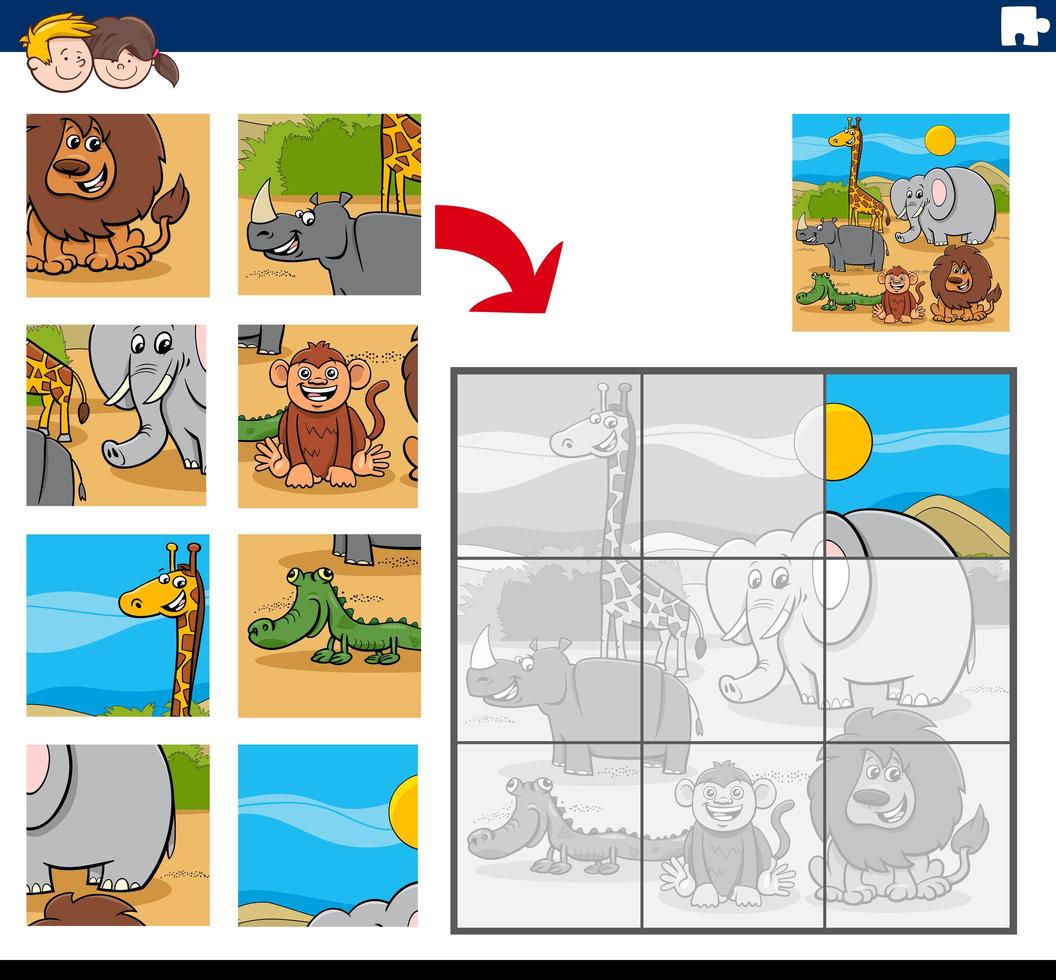 jeu de puzzle avec des animaux de dessin animé vecteur