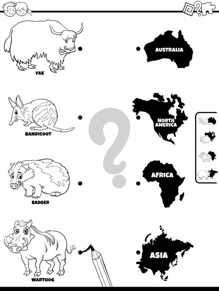 Match des animaux et des continents jeu de coloriage vecteur