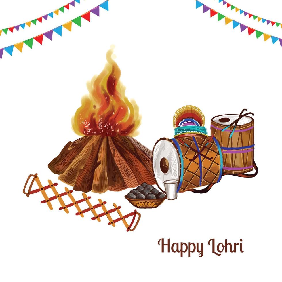 festival punjabi indien de fond de feu de célébration de lohri avec un design de tambour décoré vecteur