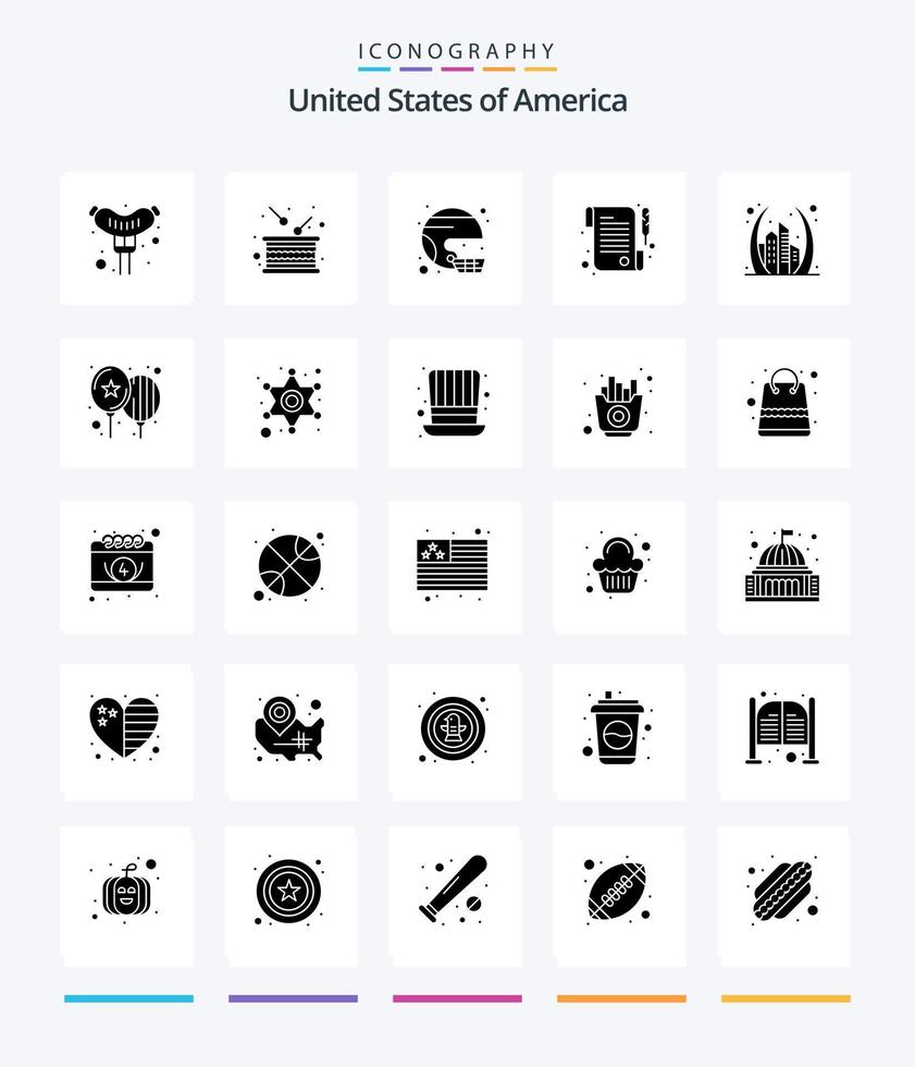 pack d'icônes noires unies créatives usa 25 glyphes telles que arch. le reçu. américain. papier. Etat vecteur