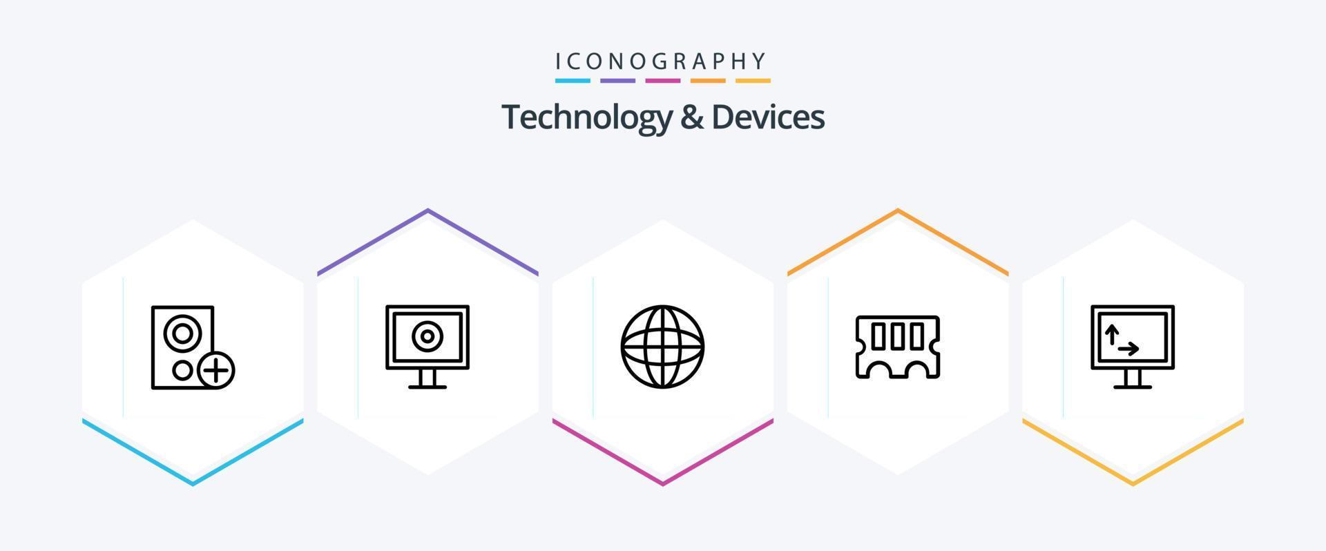 pack d'icônes de 25 lignes d'appareils, y compris la télévision. RAM. automatisation. Mémoire. globe vecteur