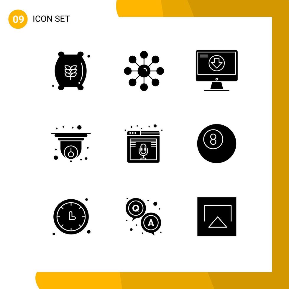 ensemble de 9 symboles d'icônes d'interface utilisateur modernes signes d'information cctv protection de la peau cam télécharger des éléments de conception vectoriels modifiables vecteur