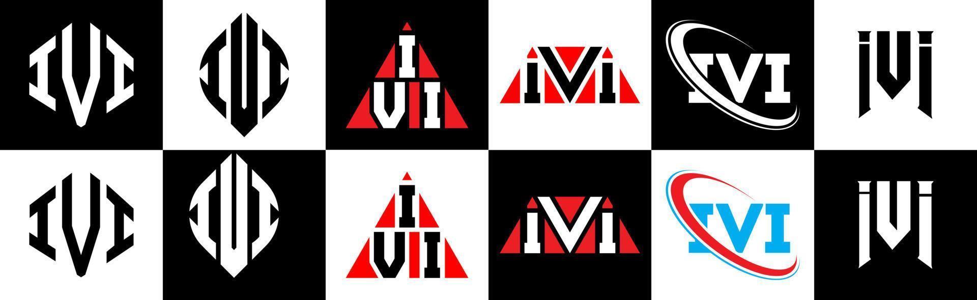 création de logo de lettre ivi en six styles. ivi polygone, cercle, triangle, hexagone, style plat et simple avec logo de lettre de variation de couleur noir et blanc dans un plan de travail. logo minimaliste et classique ivi vecteur