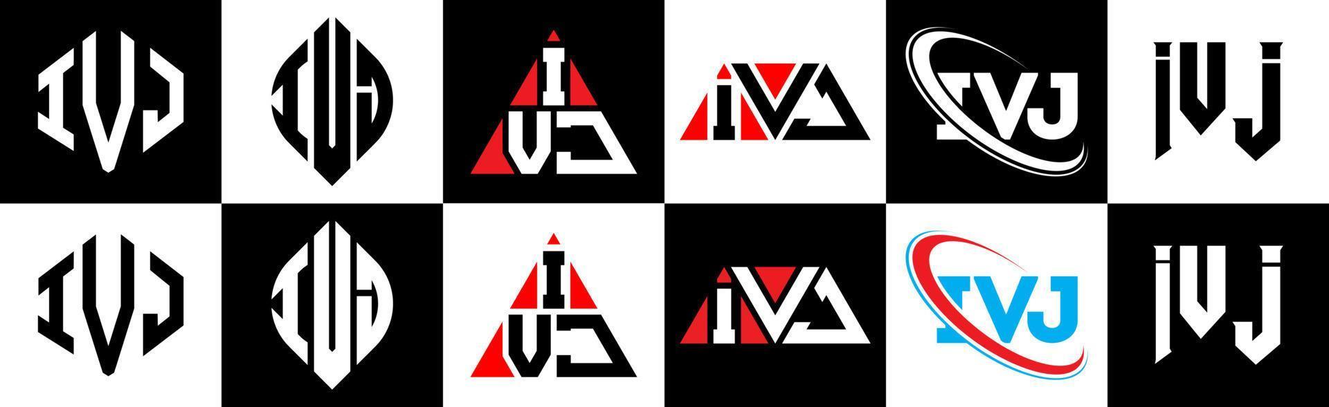 création de logo de lettre ivj en six styles. ivj polygone, cercle, triangle, hexagone, style plat et simple avec logo de lettre de variation de couleur noir et blanc dans un plan de travail. logo minimaliste et classique ivj vecteur