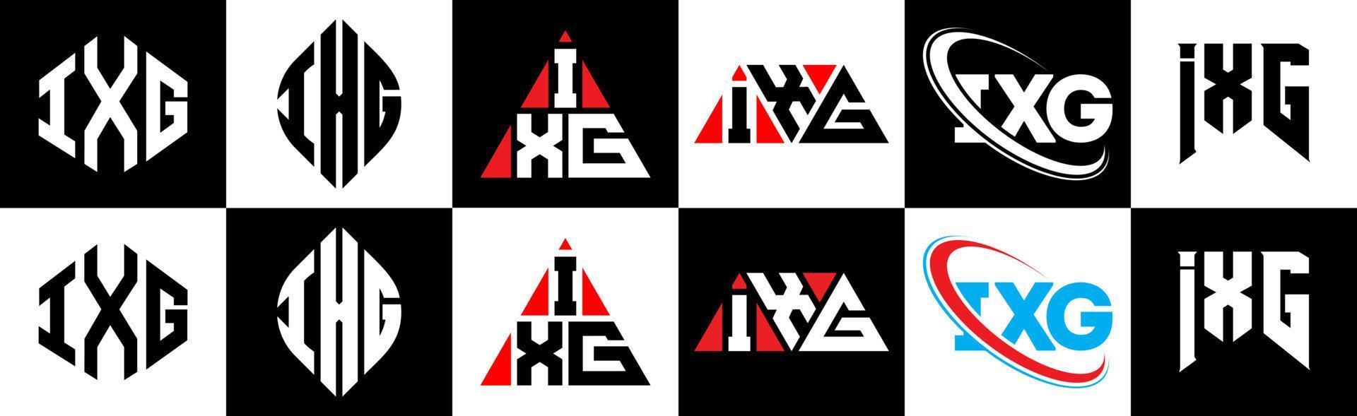 création de logo de lettre ixg en six styles. ixg polygone, cercle, triangle, hexagone, style plat et simple avec logo de lettre de variation de couleur noir et blanc dans un plan de travail. logo minimaliste et classique ixg vecteur