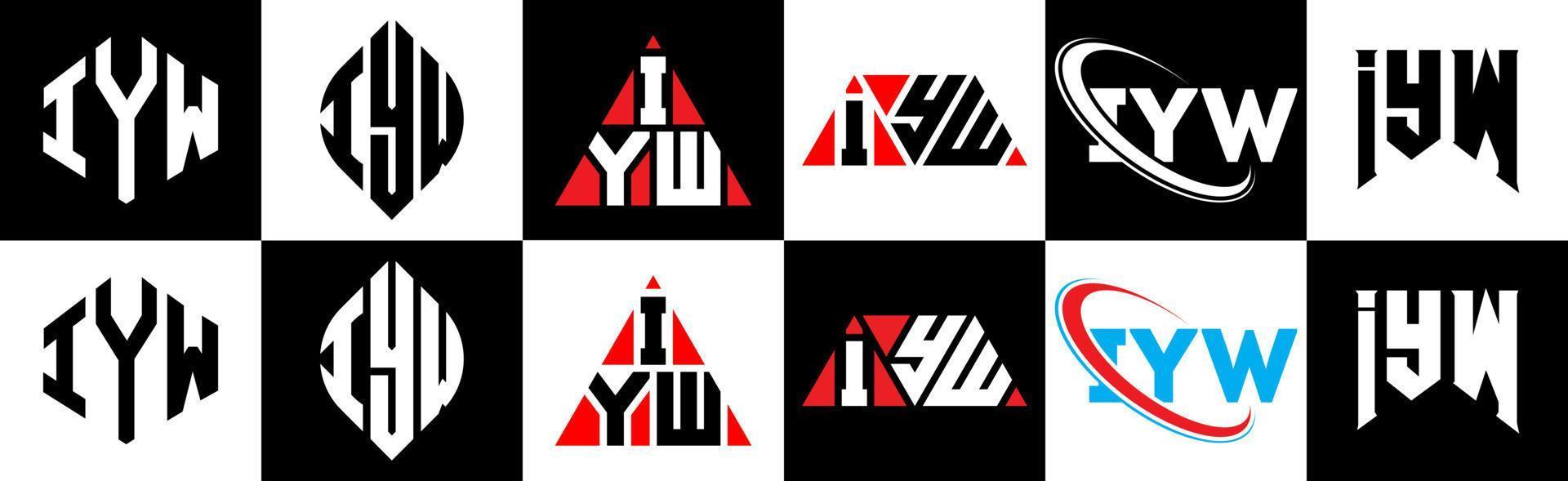création de logo de lettre iyw en six styles. iyw polygone, cercle, triangle, hexagone, style plat et simple avec logo de lettre de variation de couleur noir et blanc dans un plan de travail. iyw logo minimaliste et classique vecteur