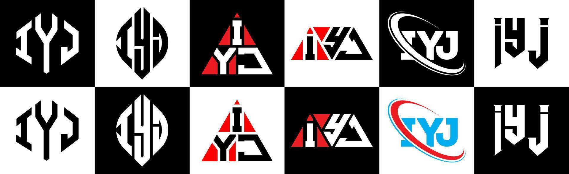 création de logo de lettre iyj en six styles. iyj polygone, cercle, triangle, hexagone, style plat et simple avec logo de lettre de variation de couleur noir et blanc dans un plan de travail. iyj logo minimaliste et classique vecteur