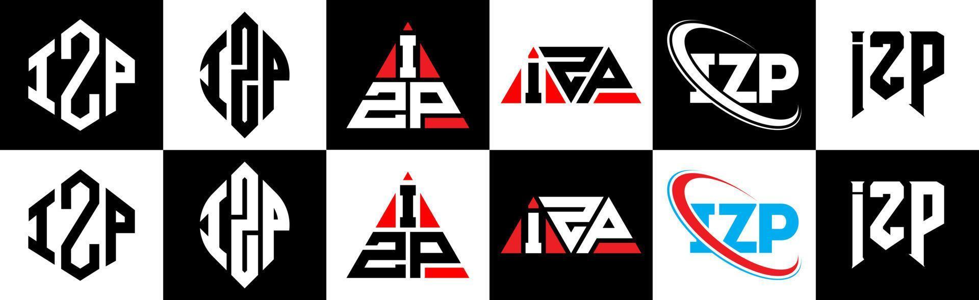 création de logo de lettre izp en six styles. polygone izp, cercle, triangle, hexagone, style plat et simple avec logo de lettre de variation de couleur noir et blanc dans un plan de travail. logo minimaliste et classique izp vecteur