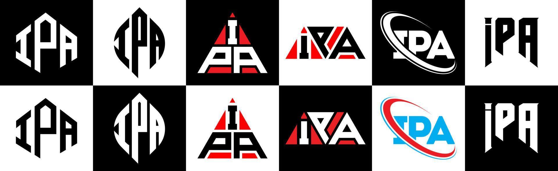 création de logo de lettre ipa en six styles. polygone ipa, cercle, triangle, hexagone, style plat et simple avec logo de lettre de variation de couleur noir et blanc dans un plan de travail. logo ipa minimaliste et classique vecteur
